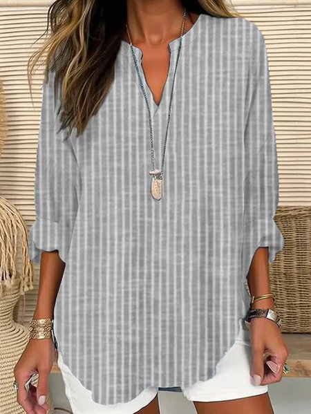 Women's Striped Print Spring Long Sleeve Shirt, Gray, Blouses & Shirts