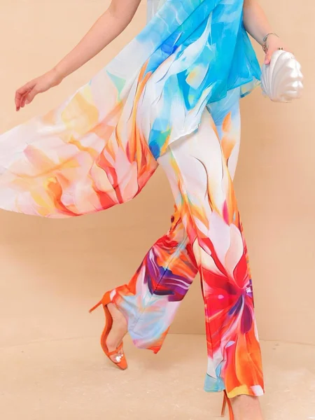 

Vacation Abstract Printing Straight Fashion Pants, Blue, Pants