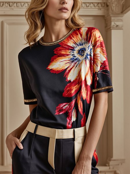 

Urban Floral Printing Crew Neck Blouse, As picture, Tees