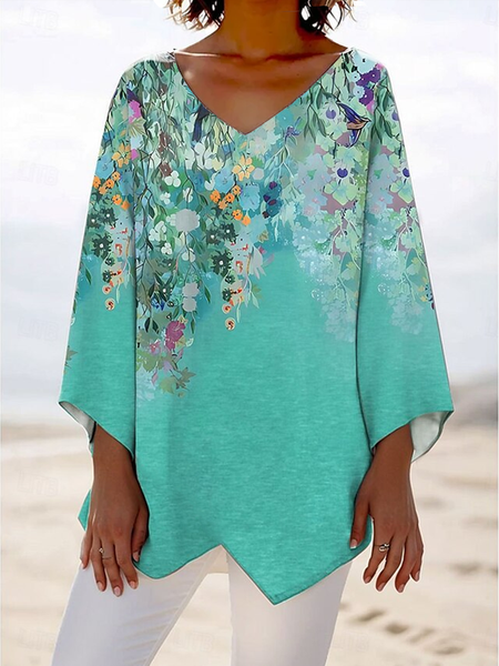 

V Neck Long Sleeve Floral Regular Loose Blouse For Women, Green, Blouses