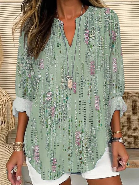 Women Striped Long Sleeve Blouse Spring/Fall Printing V Neck Daily Casual Top, Green, Shirts
