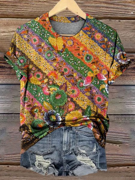 

Casual Floral Crew Neck Short Sleeve T-shirt, Multicolor, T-shirts