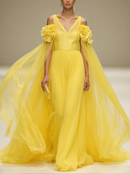 

Elegant Plain Mesh V Neck Maxi Dress, Yellow, Maxi Dresses