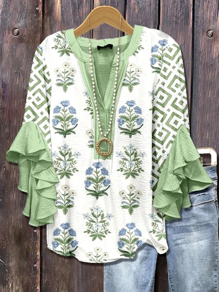 

V Neck Long Sleeve Floral Regular Micro-Elasticity Loose Shirt For Women, Lightgreen, Shirts
