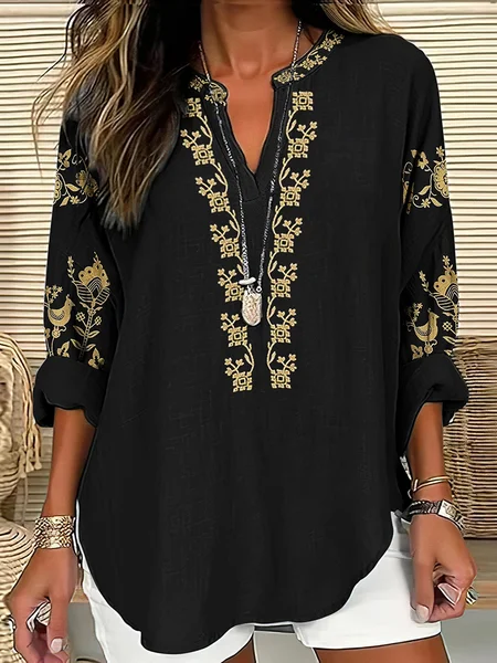 V Neck Long Sleeve Floral Regular Micro-Elasticity Regular Fit Shirt For Women, Black, Shirts
