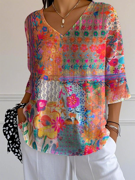 

Casual Geometric V Neck Three Quarter Sleeve T-shirt, As picture, T-shirts