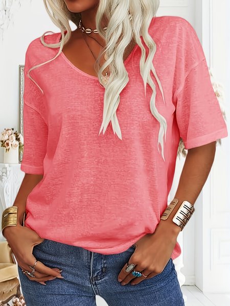 

Casual Floral V Neck Short Sleeve T-shirt, Dark pink, T-shirts