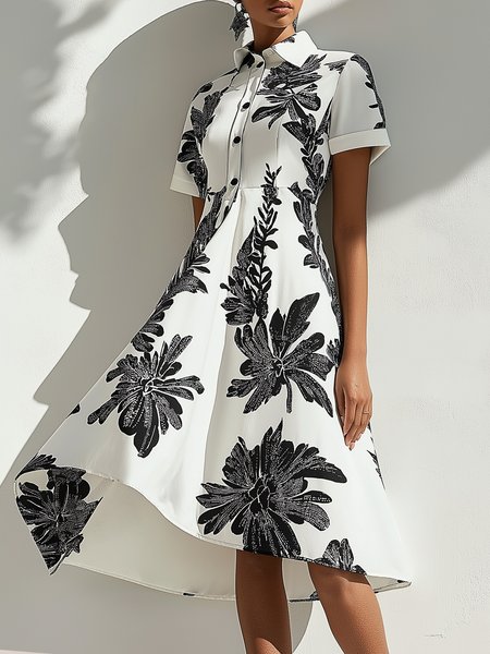 

Urban Color Block Printing Shirt Collar Midi Dress, As picture, Midi Dresses