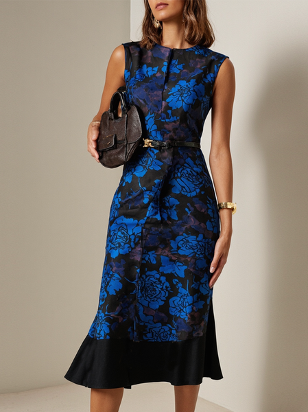 

Elegant Floral Printing Crew Neck Midi Dress, As picture, Midi Dresses