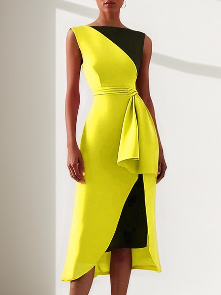 

Elegant Color Block Bow Midi Dress, Yellow, Midi Dresses