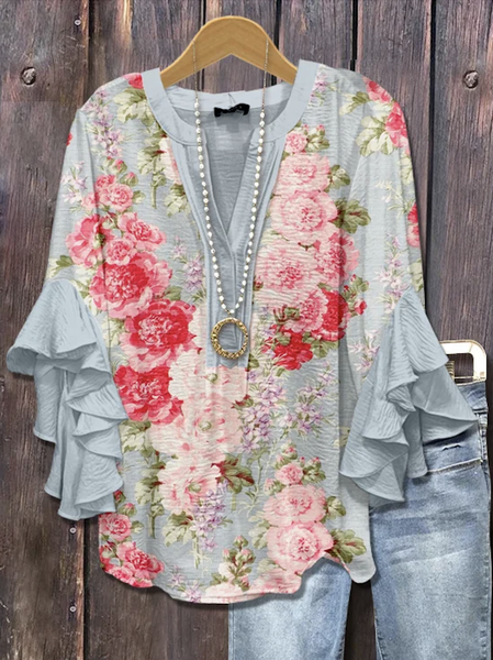 V Neck Long Sleeve Floral Regular Micro-Elasticity Loose Shirt For Women, Light gray, Shirts