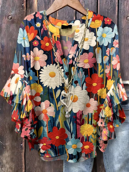 V Neck Long Sleeve Floral Regular Micro-Elasticity Loose Shirt For Women, Red, Shirts