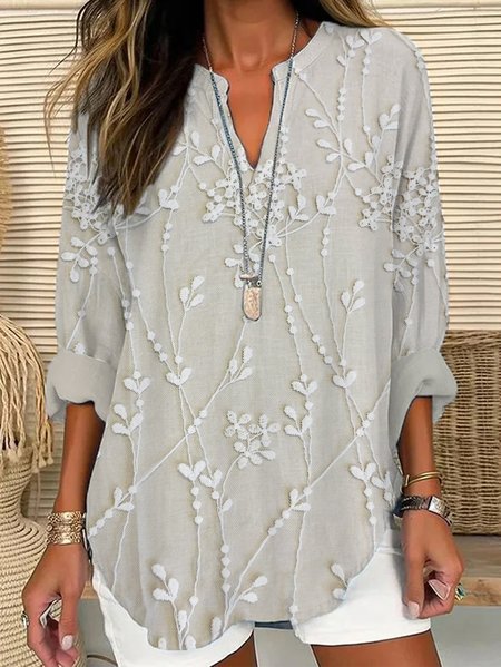 Women Floral Long Sleeve Blouse Spring/Fall Printing V Neck Daily Casual Top, Apricot, Shirts