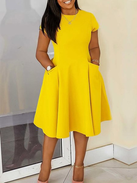 

Urban Plain Crew Neck Knee Length Dress, Yellow, Midi Dresses