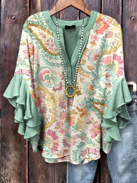 V Neck Long Sleeve Floral Regular Micro-Elasticity Regular Fit Shirt For Women, Green, Shirts