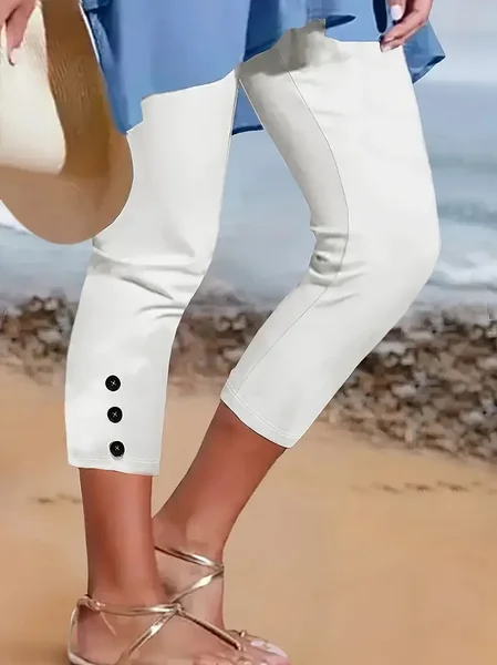 

Casual Plain Capris Elastic Waist Printing Pant, White, Leggings