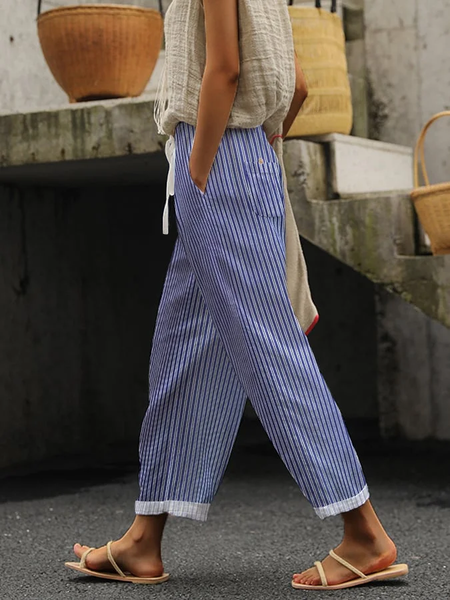 

Women's Striped Print Casual Pants, Blue, Pants