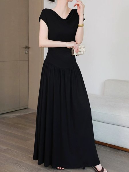 

Casual Plain Ruched Cowl Neck Maxi Dress, Black, Maxi Dresses