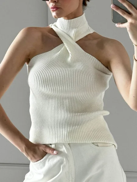 

Urban Plain Knot Stand Collar Sweater Tank Top, White, Tanks and Camis