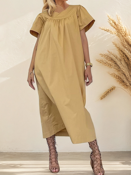 

Vacation Plain Crew Neck Midi Dress, Light khaki, Maxi Dresses