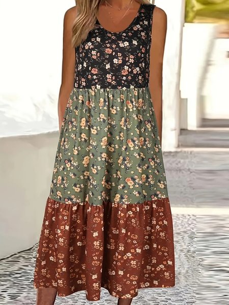 

Women Floral Crew Neck Sleeveless Comfy Casual Maxi Dress, Green, Maxi