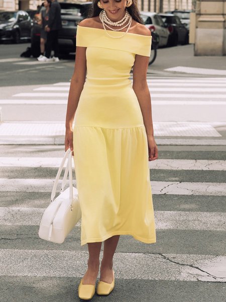

Elegant Plain Off Shoulder Sleeve Maxi Dress, Yellow, Midi Dresses