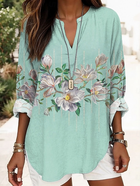 

Shawl Collar Half Sleeve Floral Regular Loose Blouse For Women, As picture, Blouses