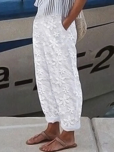 

Women Floral Long Pants Casual Spring/Fall Trousers, White, Pants