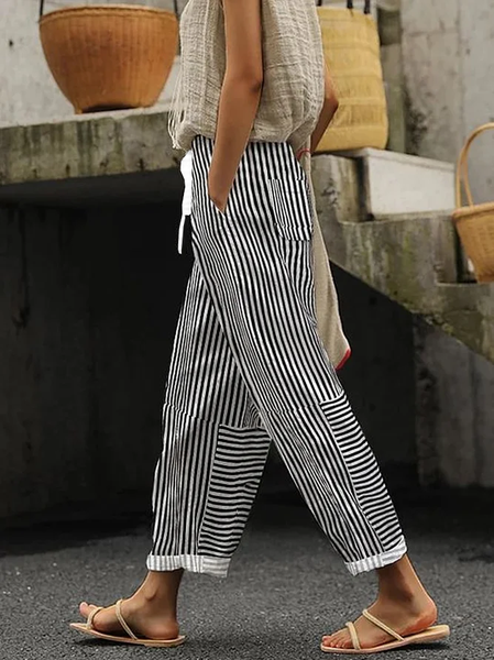 

Women Striped Long Pants Casual Spring/Fall Trousers, Black, Pants