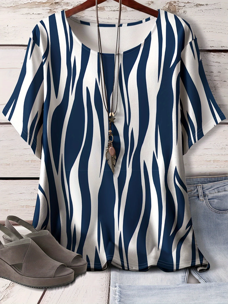

Women Abstract Stripes Short Sleeve Tee T-shirt Crew Neck Printing Casual Summer Graphic Tee Top, Purplish blue, T-Shirts