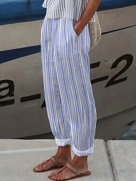 Women Striped Long Pant Casual Spring/Fall Trousers, Blue, Pants