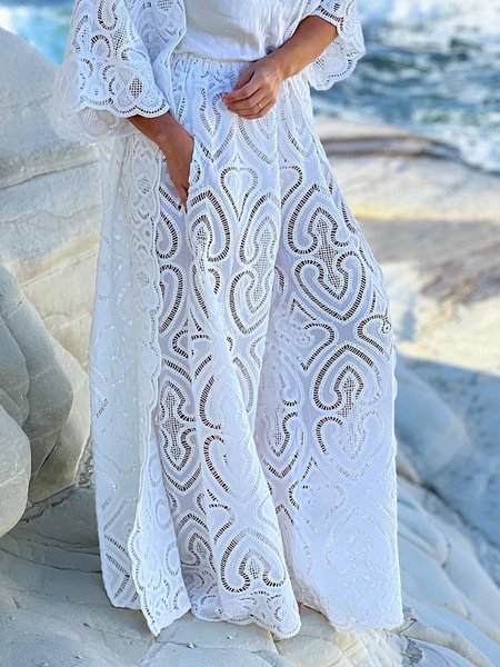 

Vacation Plain Embroidery Wide Leg Pants, White, Pants