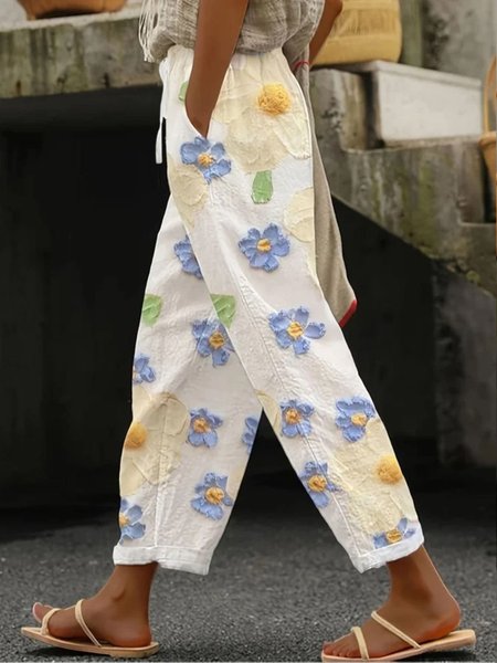 

Women Floral Long Pants Casual Spring/Fall Trousers, White, Pants