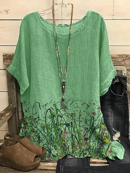 

Women Floral Short Sleeve Tee T-shirt Crew Neck Printing Casual Summer Graphic Tee Top, Green, T-Shirts