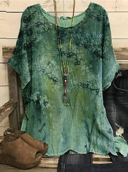 

Casual Floral Crew Neck Short Sleeve T-shirt, Green, T-shirts