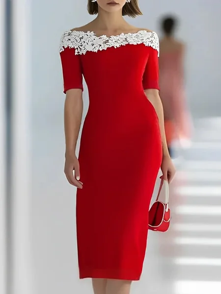 

Elegant Plain Split Joint Boat Neck Knee Length Dress, Red, Midi Dresses