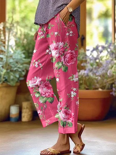 

Casual Floral Long Printing Pant, Deep pink, Pants