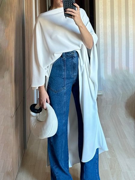 

Urban Plain Side-Slit Raglan Sleeves Blouse, White, Blouses and Shirts