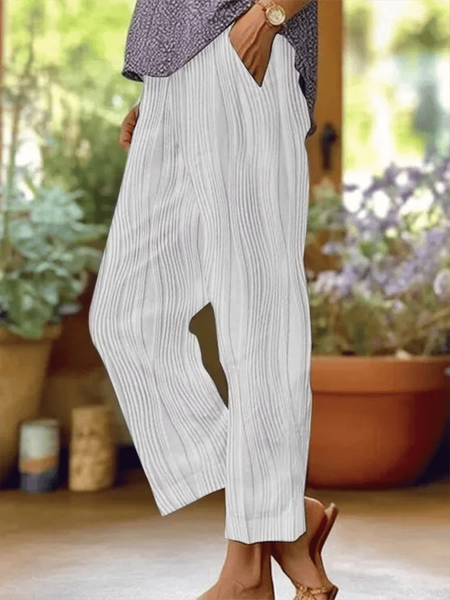 

Women Abstract Stripes Long Pant Casual Spring/Fall Trousers, White, Pants