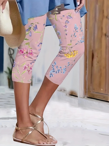 Women Floral Capris Elastic Waist Pants Casual Summer Trousers, Pink, Leggings
