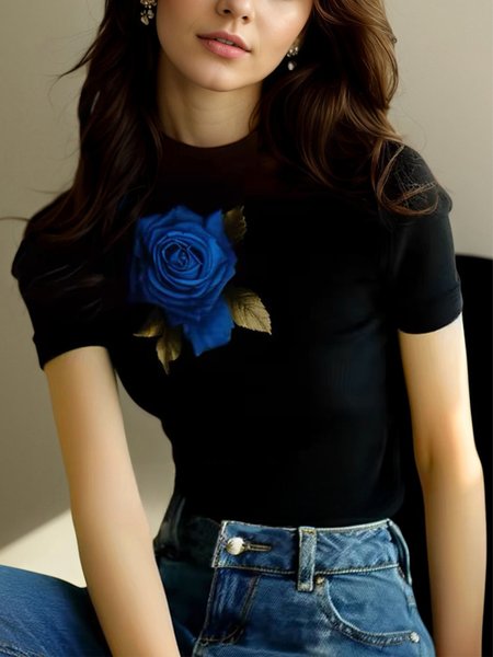 

Jersey Casual Floral Printing Crew Neck T-shirt, Black, Tees