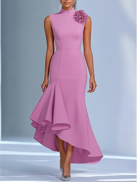 Elegant Plain 3D Floral Stand Collar Maxi Dress, Pink, Maxi Dresses
