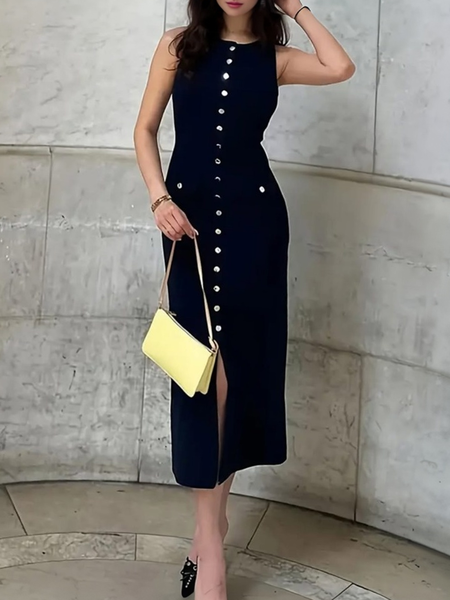 

Elegant Plain Buttoned Crew Neck Midi Dress, Black, Midi Dresses