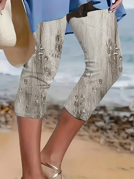 Women Floral Capris Elastic Waist Pant Casual Summer Trousers, Khaki, Leggings