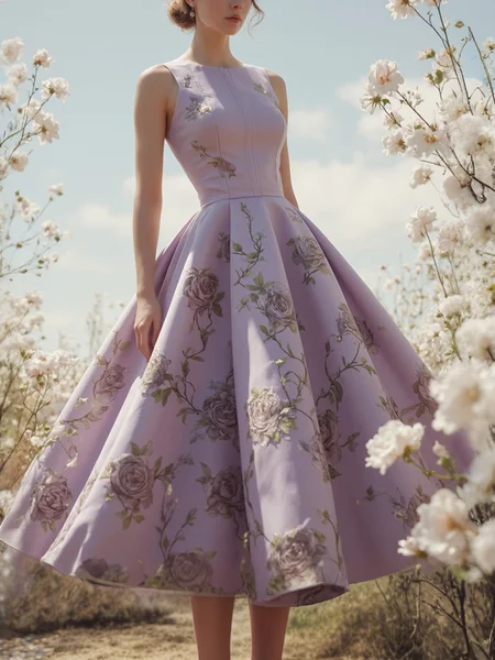 

Elegant Floral Printing Crew Neck Midi Dress, Purple, Midi Dresses