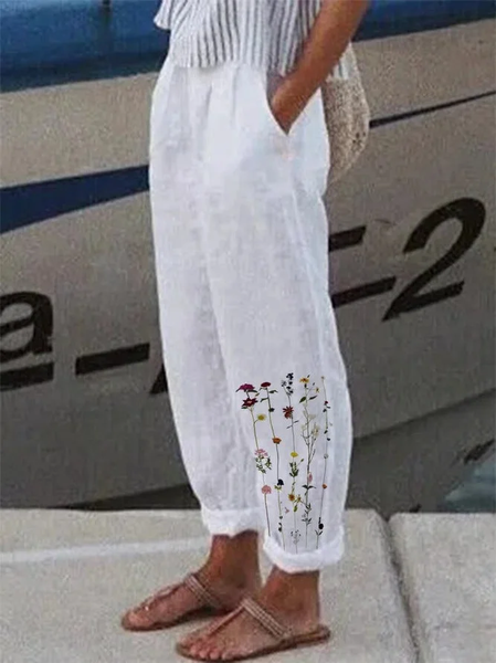 

Women's Floral Print Casual Pants, White, Pants