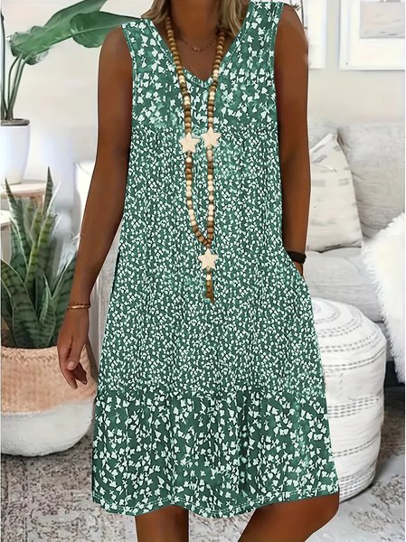 

Women Floral V Neck Sleeveless Comfy Casual Midi Dress, Green, Midi