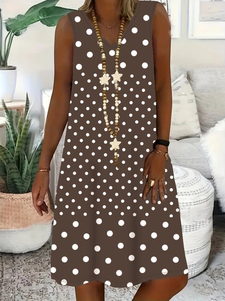 

Women Polka Dots V Neck Sleeveless Comfy Casual Midi Dress, Light brown, Midi