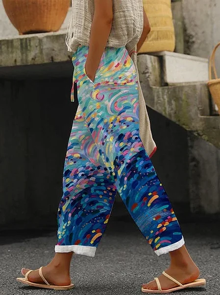 Women Abstract Long Pant Casual Spring/Fall Trousers, Blue, Pants