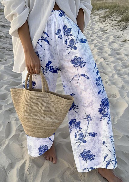 

Floral Simple Loose Pants, Blue, Pants